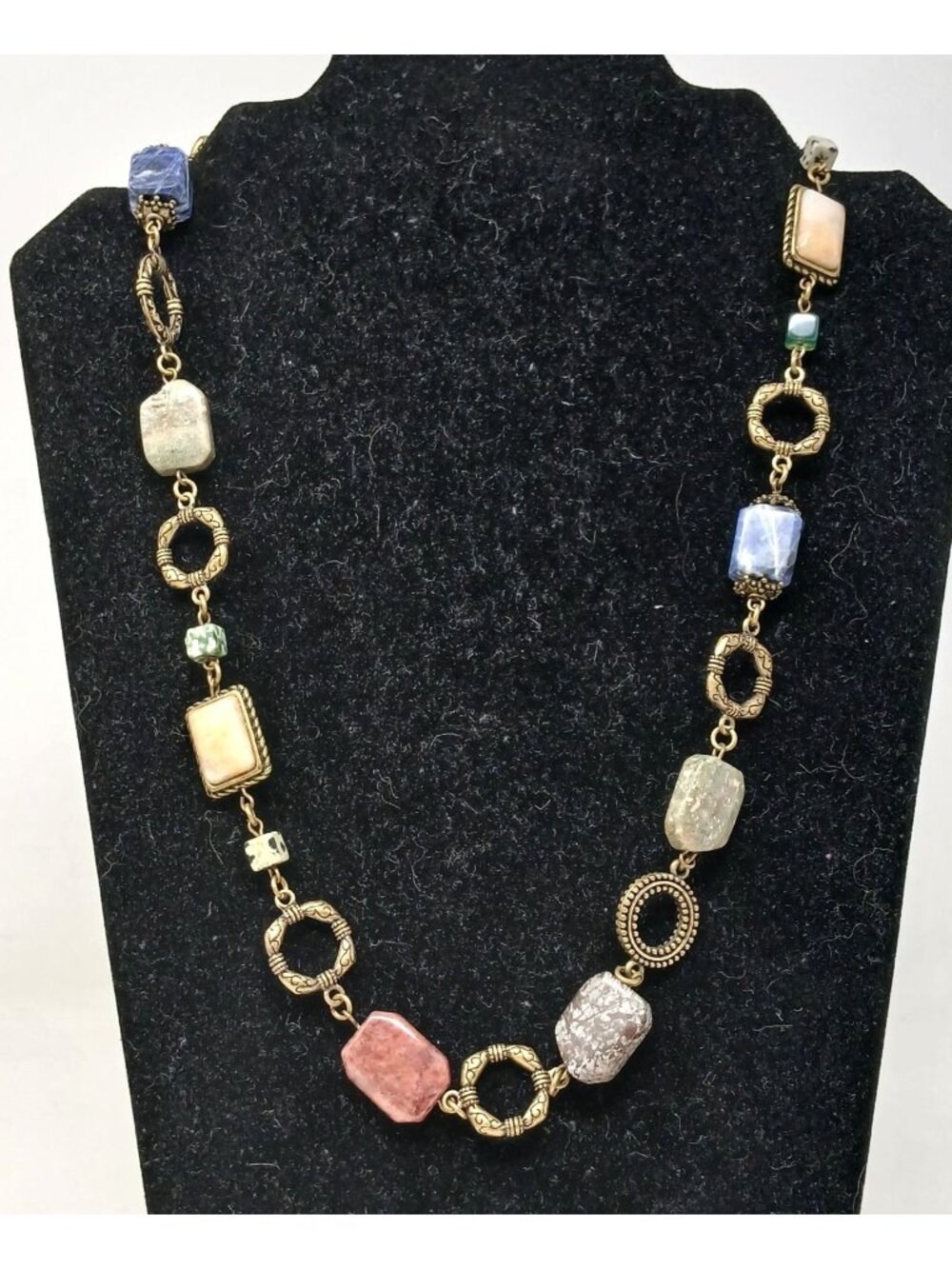 MultiStone GoldTone Geometric Chain Necklace 25-28" Colorful Boho Style #J8-DB